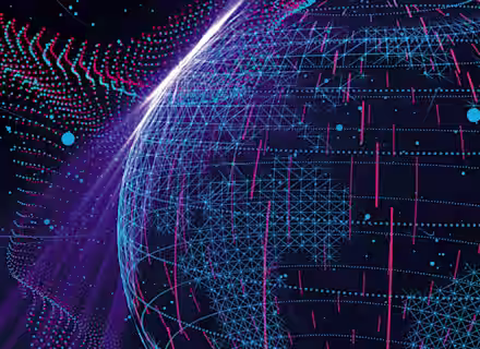 A digital illustration of a globe made up of interconnected blue and pink lines and dots, against a dark background with scattered light dots. The image conveys a futuristic, technological world linked by data networks.
