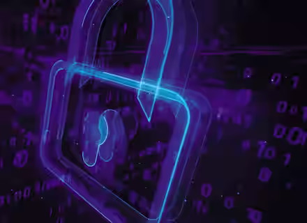 A bright, glowing padlock icon in neon blue is displayed at the center against a dark background filled with floating binary code in shades of purple. The image conveys themes of digital security and encryption.