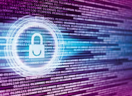 A glowing lock icon is centered against a background of binary code (1s and 0s), symbolizing digital security. The binary code is displayed in horizontal lines, with shades of blue and purple creating a dynamic, futuristic appearance.