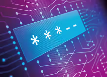 A digital graphic of a password entry field is depicted on a colorful background with circuit board patterns. The field shows three asterisks and two dashes, indicating a partially entered password. The background colors are shades of purple and pink.