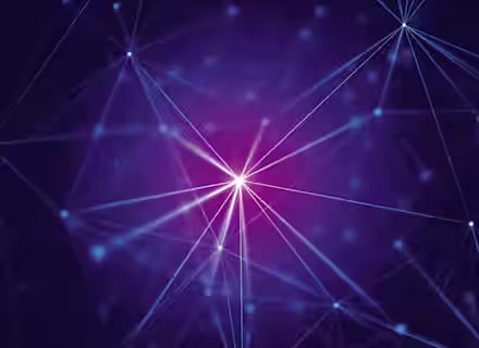 A vibrant digital art piece featuring interconnected blue and purple lines and nodes, with a bright central point. The background transitions from deep purple to blue, creating an abstract, geometric network pattern.