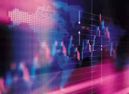 A vibrant digital graphic featuring a world map overlayed with candlestick charts and data points. The map is depicted with a blue and pink color scheme, and arrows indicate various stock prices and trends, set against a blurred, futuristic background.
