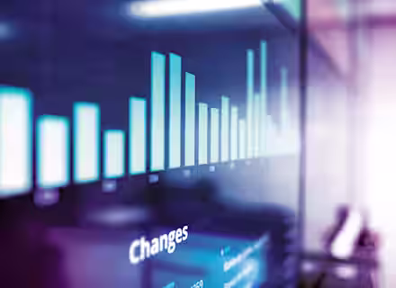 A digital screen displaying a bar chart with vertical bars of varying heights. The chart is labeled "Changes," and the background is blurred with a purple tint. This is likely used for data analysis or presentation purposes.