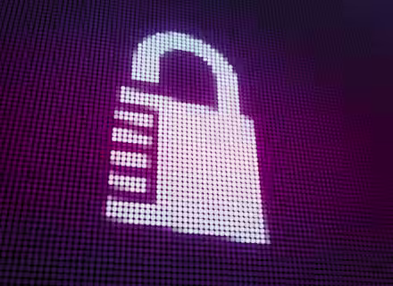 A digital illustration of a padlock made from glowing white dots on a grid of purple and black dots. The grid pattern gives it a pixelated appearance, representing digital security.