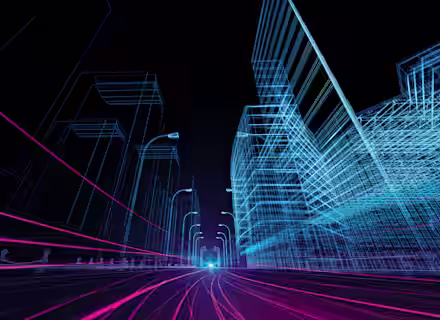 A futuristic cityscape depicted in neon wireframe with skyscrapers shown in blue and magenta lines. Pink and blue light trails create a dynamic perspective leading into the horizon, suggesting motion and speed, against a dark background.