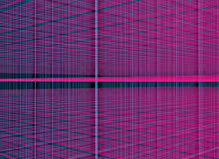 A digital artwork featuring a complex grid of intersecting pink, blue, and black lines forming a 3D perspective. The lines create a sense of depth, converging towards the center, with varying thickness and spacing, giving an abstract and futuristic feel.
