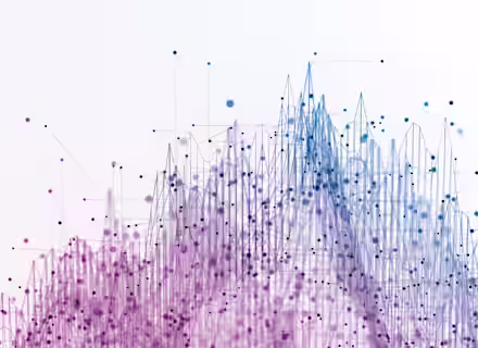 An abstract digital illustration featuring interconnected lines and dots. The composition transitions from a pink hue on the left to a blue hue on the right, creating a gradient effect. Peaks and valleys formed by lines resemble a data graph or network connectivity map.