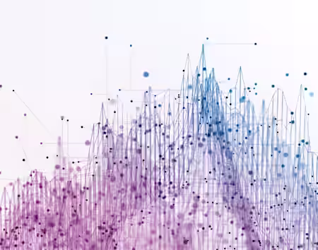 An abstract digital illustration featuring interconnected lines and dots. The composition transitions from a pink hue on the left to a blue hue on the right, creating a gradient effect. Peaks and valleys formed by lines resemble a data graph or network connectivity map.