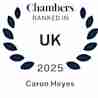 A graphic showing "Chambers Ranked in UK 2025" surrounded by a laurel wreath. At the bottom, the name "Caron Heyes" is displayed.