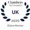 A navy laurel wreath with the text "Chambers Top Ranked UK 2026 Claire Horton" inside, indicating a top ranking from Chambers UK for 2026 awarded to Claire Horton.