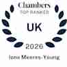A dark blue laurel wreath surrounds the text "Chambers TOP RANKED UK 2026 Iona Meeres-Young" on a white background.