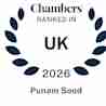 A blue laurel wreath surrounds text reading "Chambers Ranked in UK 2026 Punam Sood" on a white background.