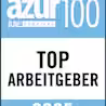 Blue and white badge with the text "azur 100 JUVE KARRIERE," "TOP ARBEITGEBER," and "2025." Indicates a top employer award for 2025.