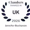 A dark blue laurel wreath surrounds the text: "Chambers RANKED IN UK 2026 Jennifer Buchanan" on a white background.