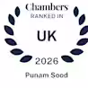 A blue laurel wreath surrounds text reading "Chambers Ranked in UK 2026 Punam Sood" on a white background.