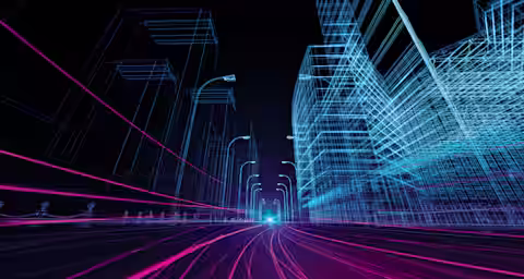 A futuristic cityscape depicted in neon wireframe with skyscrapers shown in blue and magenta lines. Pink and blue light trails create a dynamic perspective leading into the horizon, suggesting motion and speed, against a dark background.