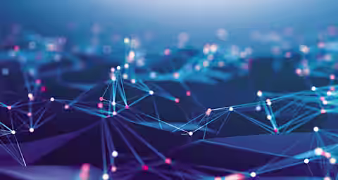 Abstract digital image depicting a network of interconnected nodes and lines against a blue gradient background, representing data flow or communication networks. Bright spots of light highlight the connections, creating a futuristic, tech-inspired visual.