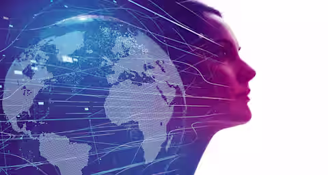 Double exposure image depicting a woman's profile on the right side merged with a digital blue world map on the left side, overlaid with lines and dots representing global connectivity and technology. The background transitions from dark blue to white.