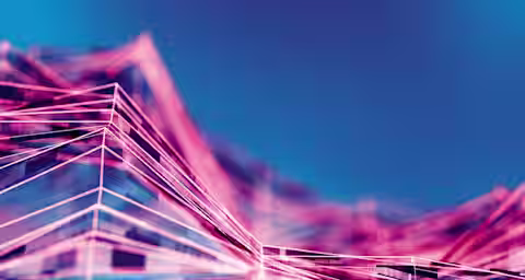 A digital abstract image featuring a dynamic landscape of interconnected lines and geometric shapes in neon pink and purple hues, set against a blue background. The image evokes a futuristic, tech-inspired aesthetic.