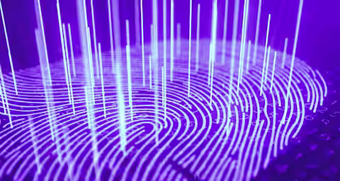 A close-up of a fingerprint depicted with a digital effect, showing blue lines and data streams emanating vertically upward against a dark background with numeric patterns, suggesting the concept of biometric security and digital identification.