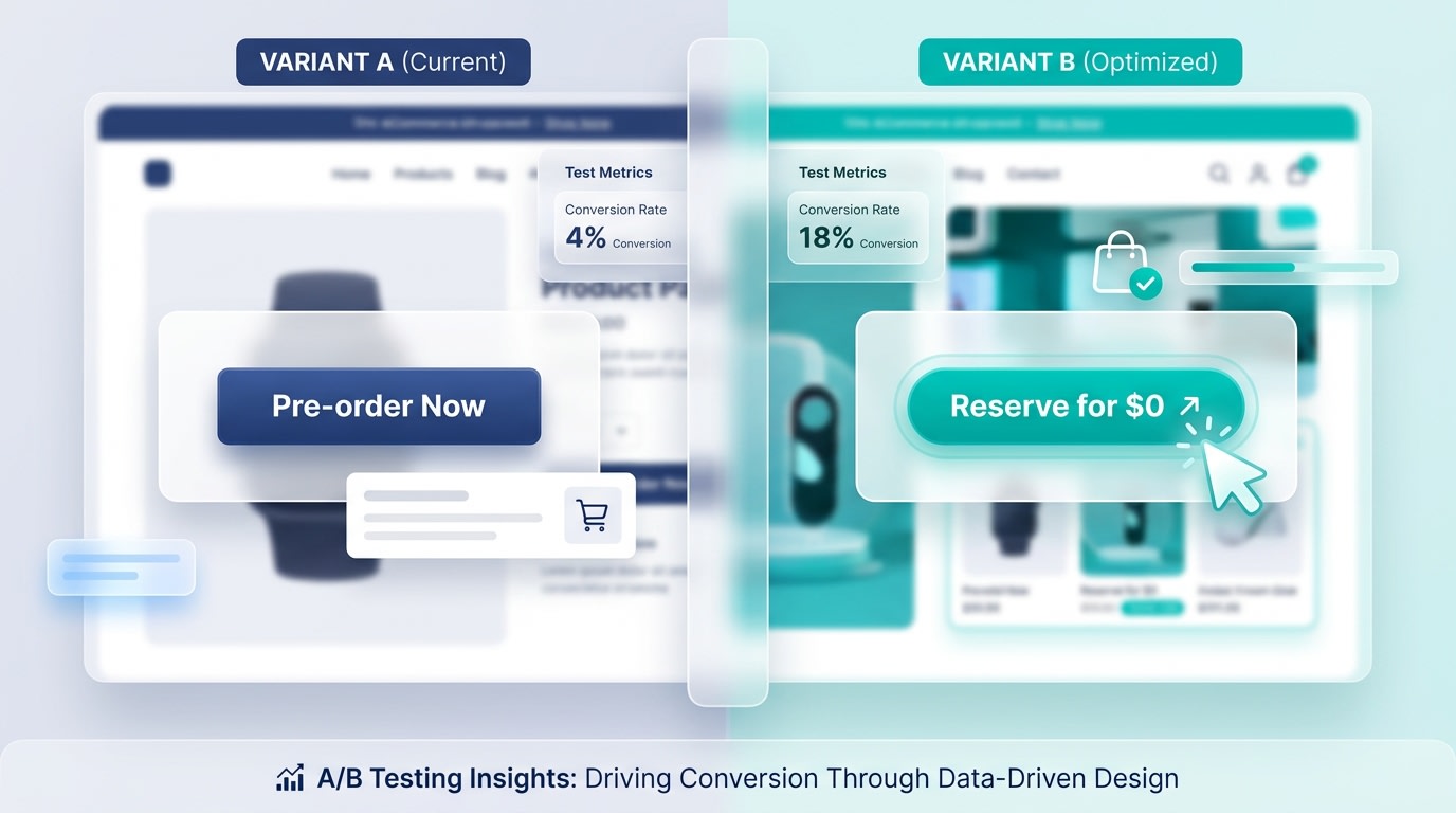 A/B testing split screen showing Pre-order Now vs Reserve for 0 dollars buttons