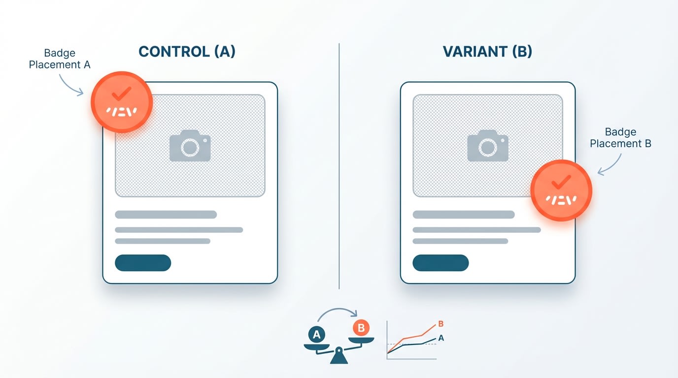 A/B testing wireframe showing a product image with a badge in the top-left corner versus the center-right edge
