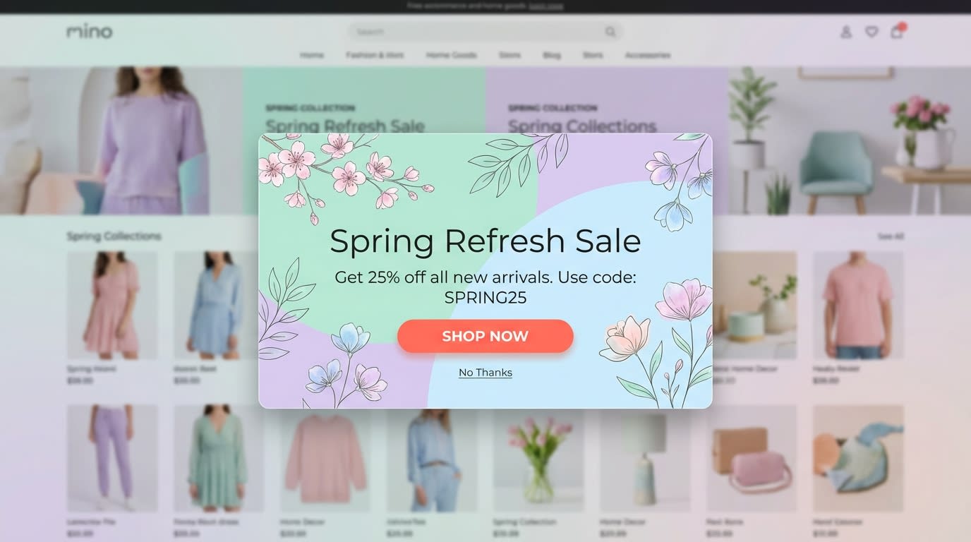 A beautifully designed spring-themed popup mockup featuring pastel colors and clear, high-contrast CTA buttons