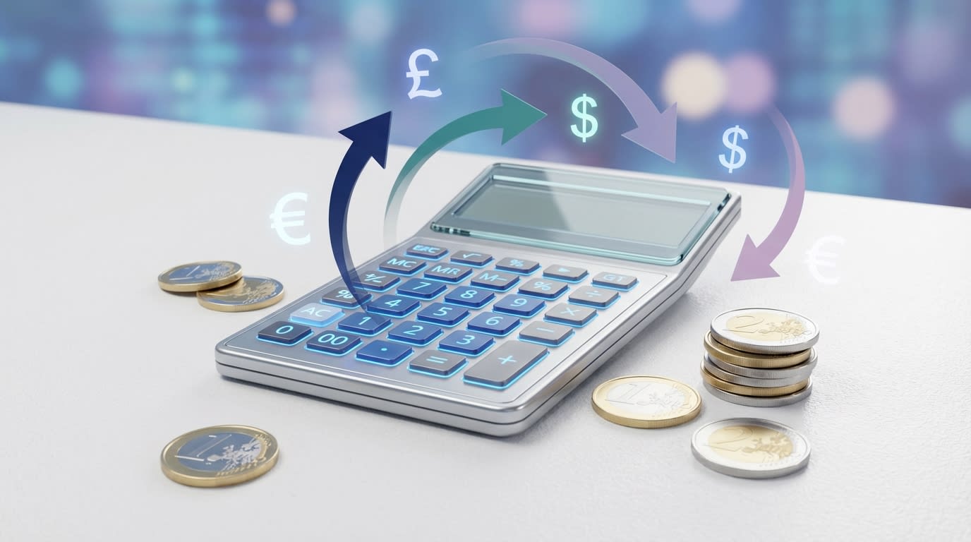 A calculator next to euro coins representing currency conversion