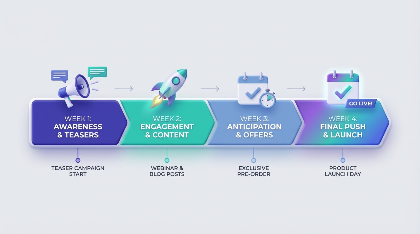 A calendar graphic highlighting a 4-week timeline for a successful product pre-launch strategy