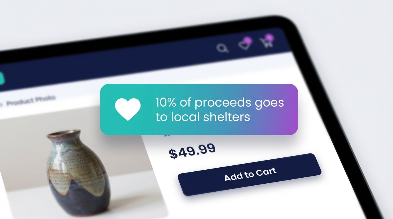 A close-up of a product page showing a dynamic label that reads 10 percent of proceeds goes to local shelters