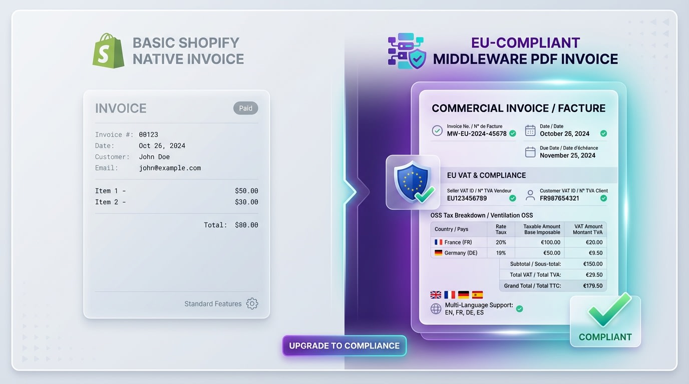 A comparison graphic showing native Shopify invoice features versus dedicated middleware capabilities for EU compliance