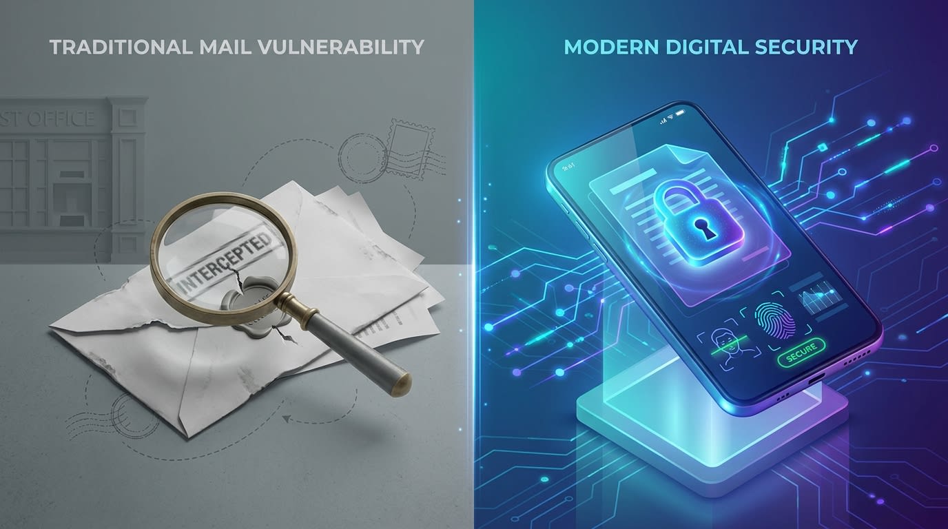 A conceptual image showing a physical envelope intercepted versus a secure encrypted digital document on a mobile phone