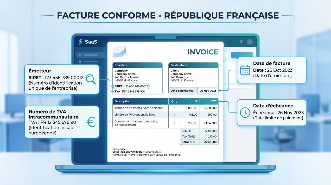 A detailed infographic breaking down the anatomy of a compliant French invoice, highlighting SIRET, VAT numbers, and dates