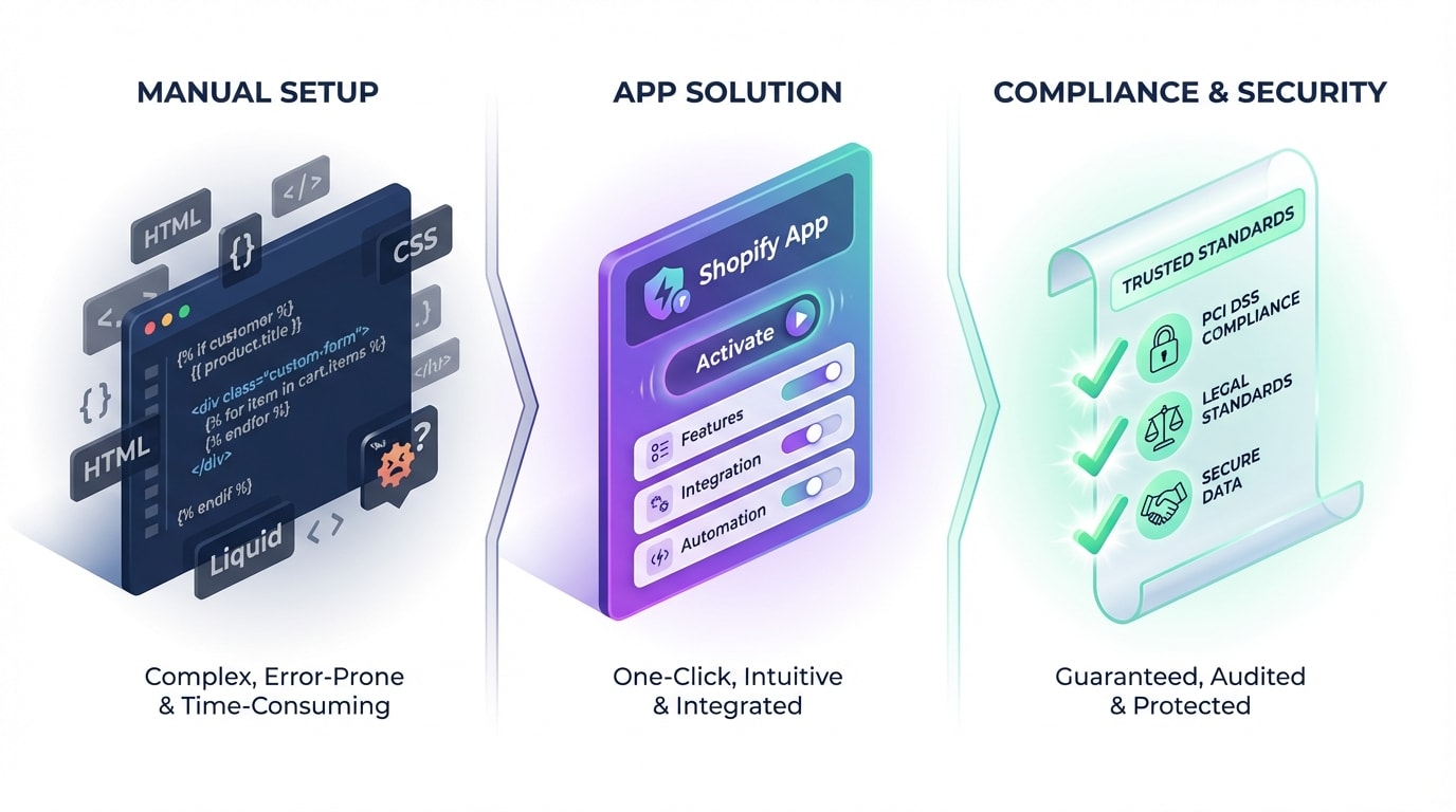 A graphic comparing manual Liquid code setup vs. using a dedicated Shopify app, alongside a payment processing compliance checklist