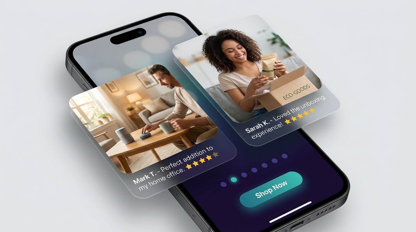 A mobile-friendly carousel showing real customers unboxing and using products