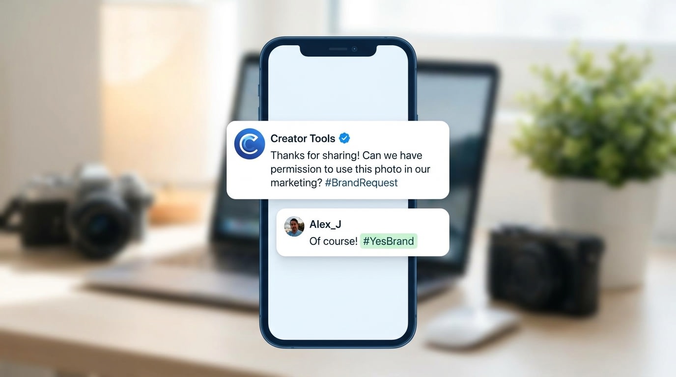 A mockup of an Instagram comment thread showing an automated brand request for photo rights and a customer replying with a YesBrand hashtag
