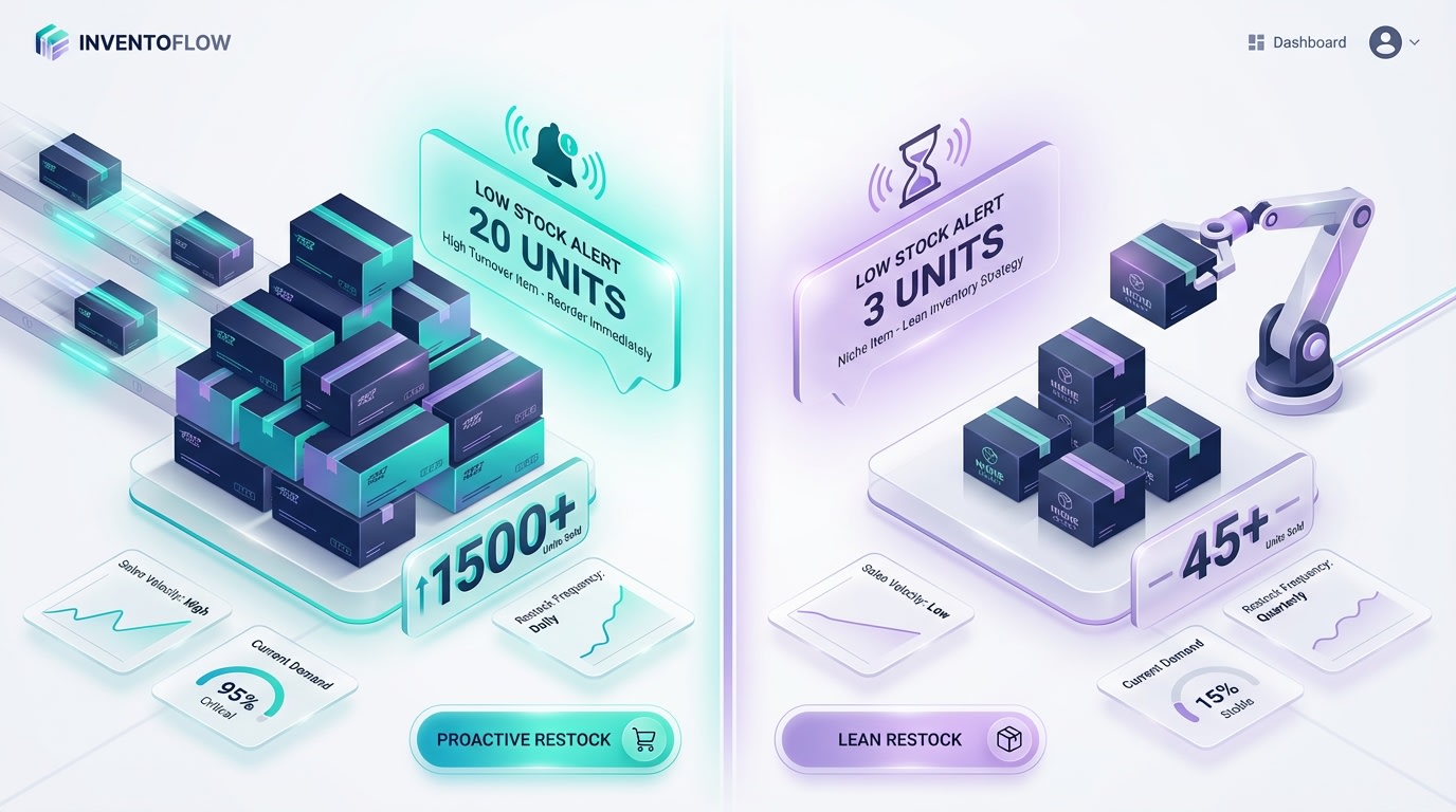 A side-by-side visual of a fast-selling product triggering an alert at 20 units vs a slow-selling product triggering at 3 units