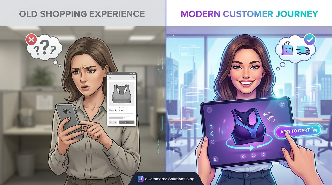 A split screen showing a frustrated shopper looking at a static sports bra image on the left, and a confident shopper clicking 'Add to Cart' on a dynamic 360-degree video on the right