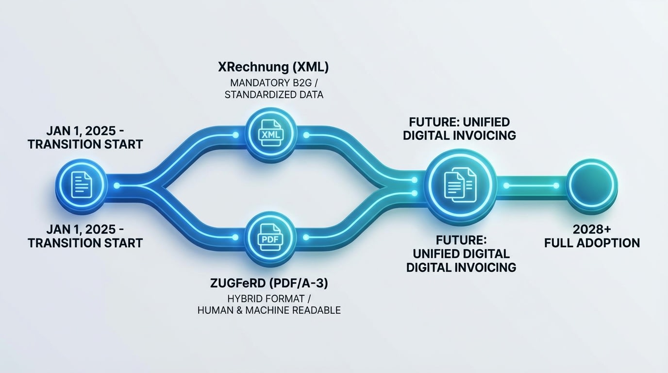 A timeline graphic showing the phase-in of XRechnung and ZUGFeRD formats starting January 1, 2025