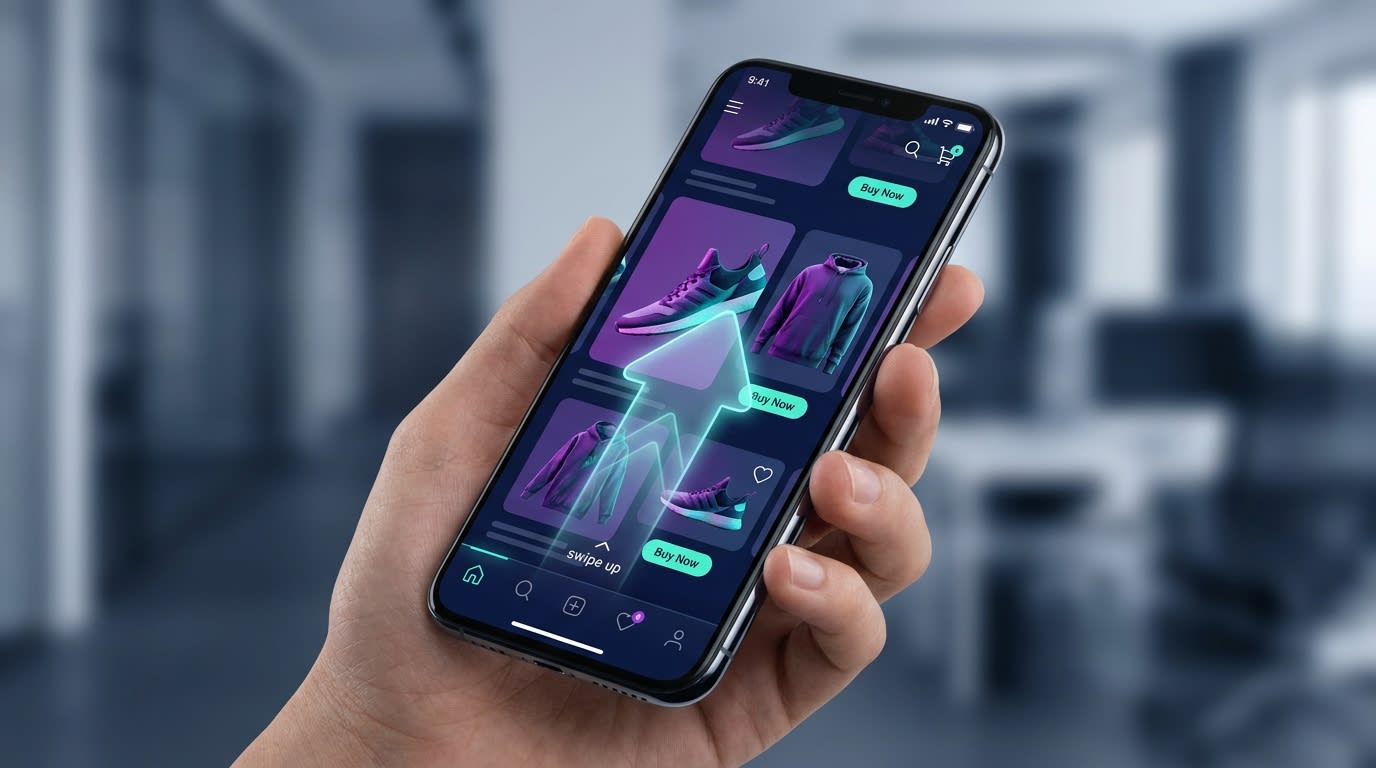 A user swiping up on a smartphone screen showing different apparel products in a video feed