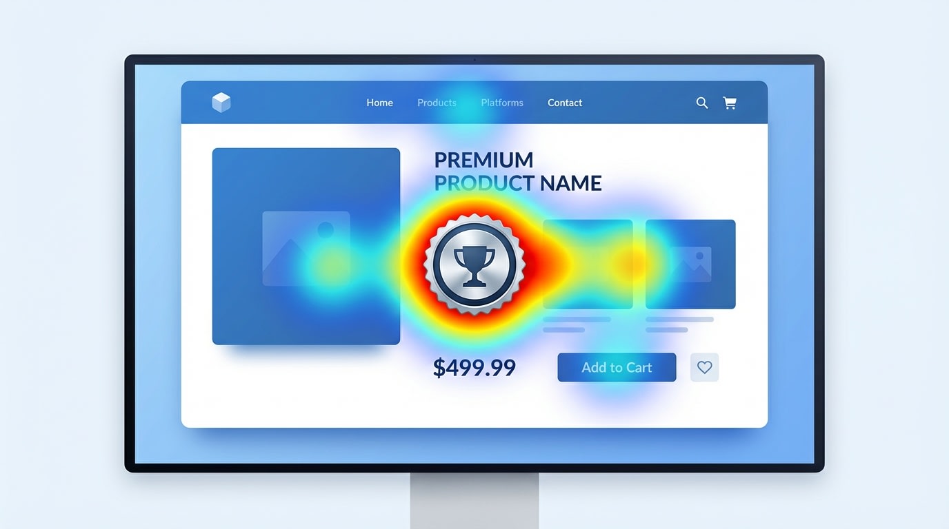 A UX heat map showing user attention focused strongly on an award badge placed directly below the product title and above the price