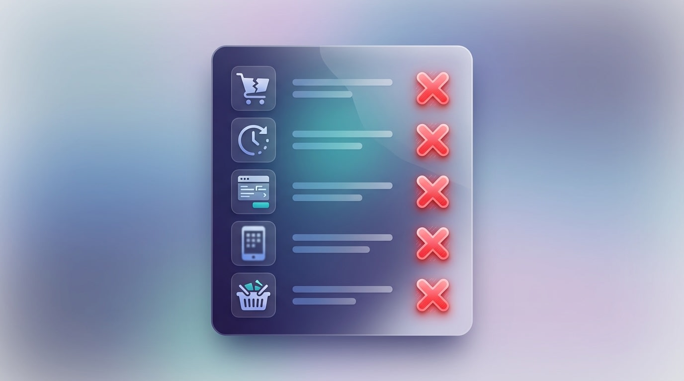 A visual checklist showing common eCommerce pitfalls with a red X next to bad practices