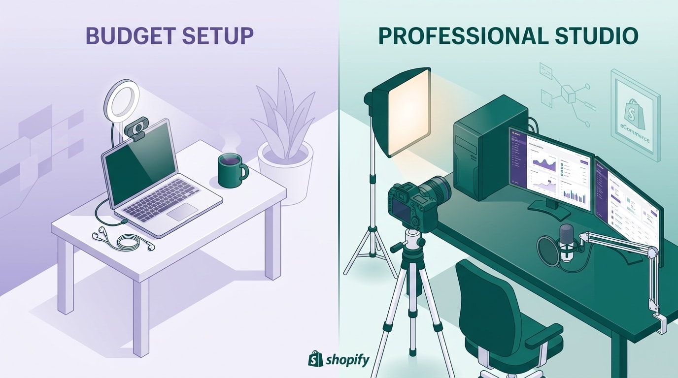 Chart comparing budget vs professional live streaming hardware setups for Shopify merchants