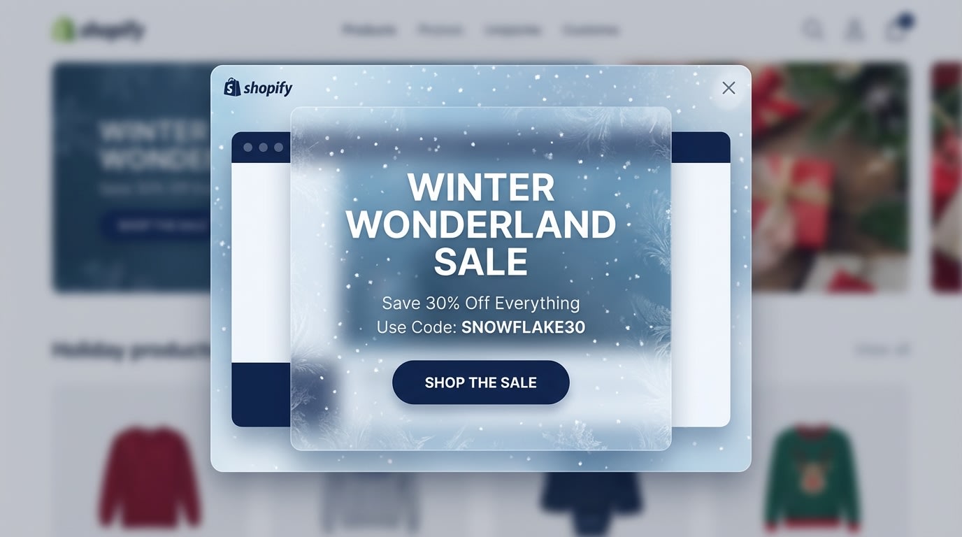 Close-up of a beautifully designed Shopify popup featuring a falling snow CSS effect and winter color palette