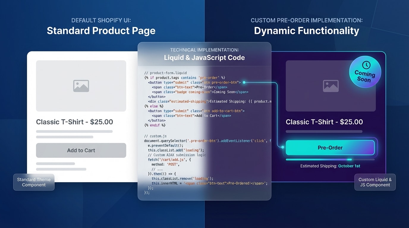 Code snippet and visual comparison of a standard Add to Cart button versus a dynamically updated Pre-Order button on a Shopify store