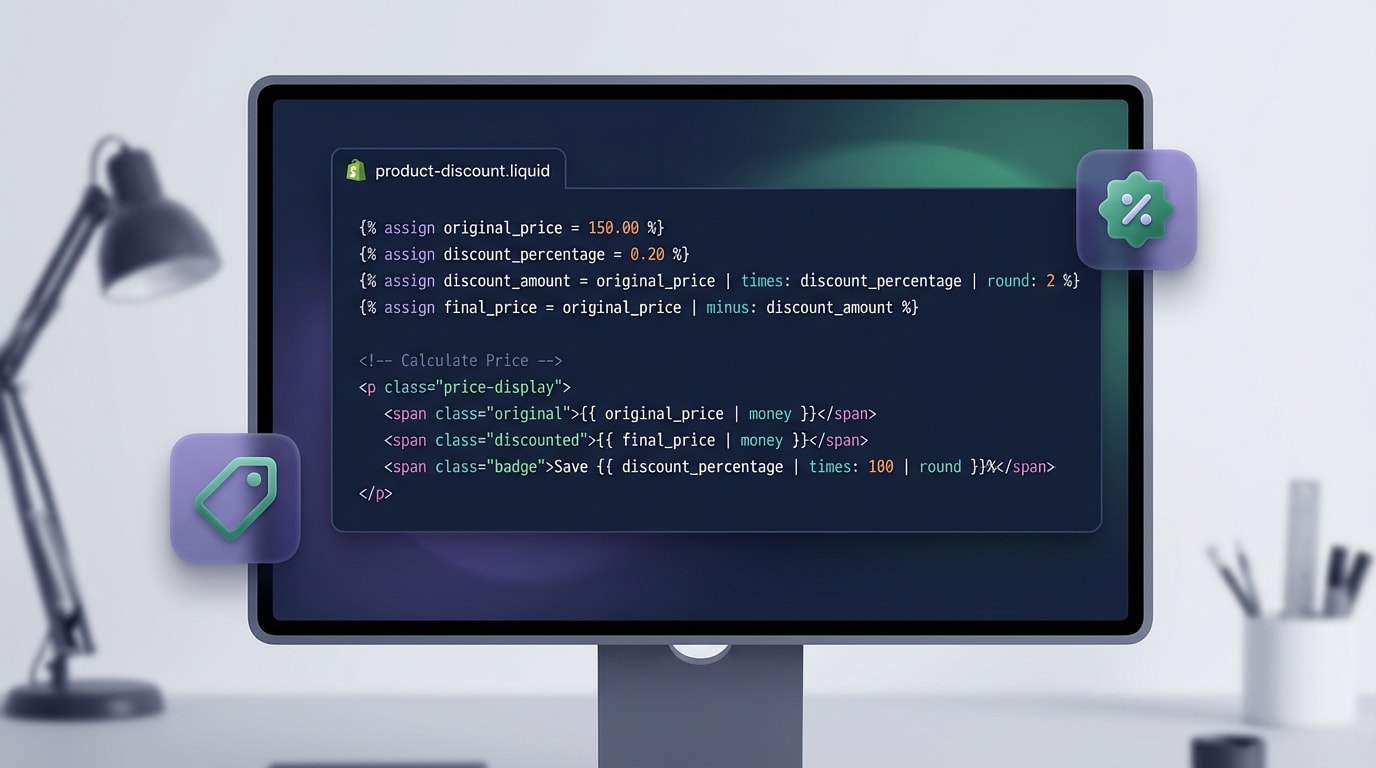 Code snippet interface in Shopify showing the Liquid math filters used to calculate and round discount percentages
