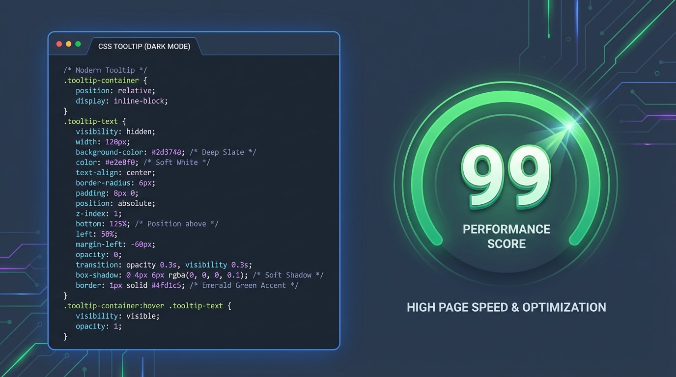 Code snippet showing a clean CSS tooltip structure next to a fast-loading page speed score