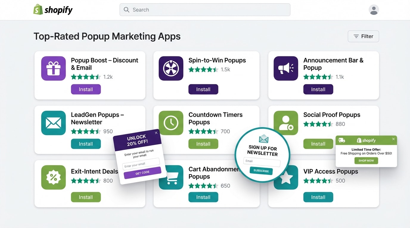 Collage of Shopify app store dashboard showing top-rated popup apps