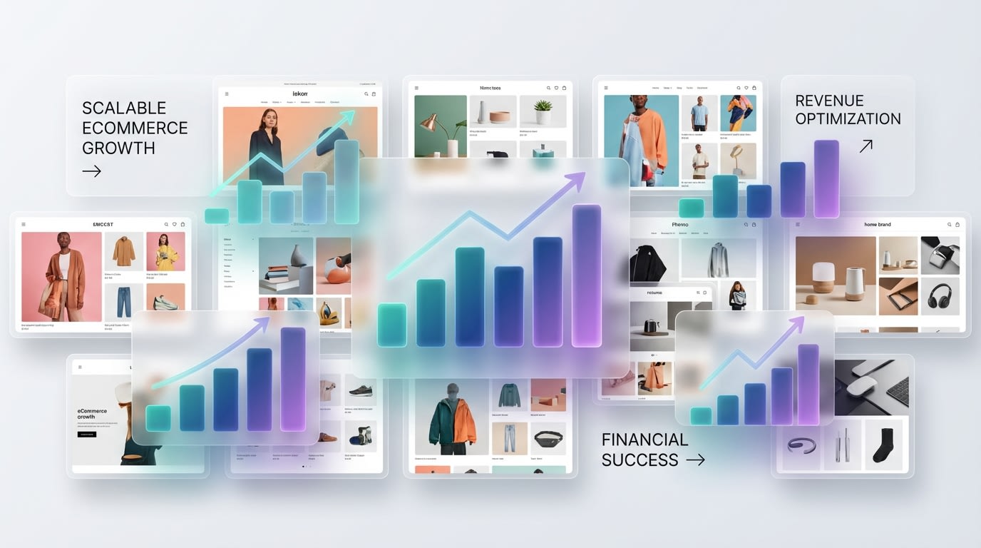Collage of successful Shopify stores like Pura Vida and Ruby Olive showing revenue growth charts
