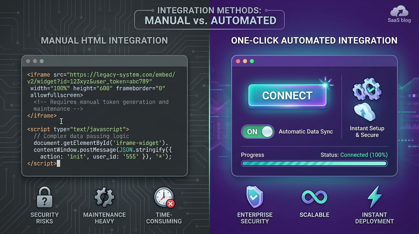 Comparison chart showing a clunky manual iframe code vs a sleek one-click app integration interface